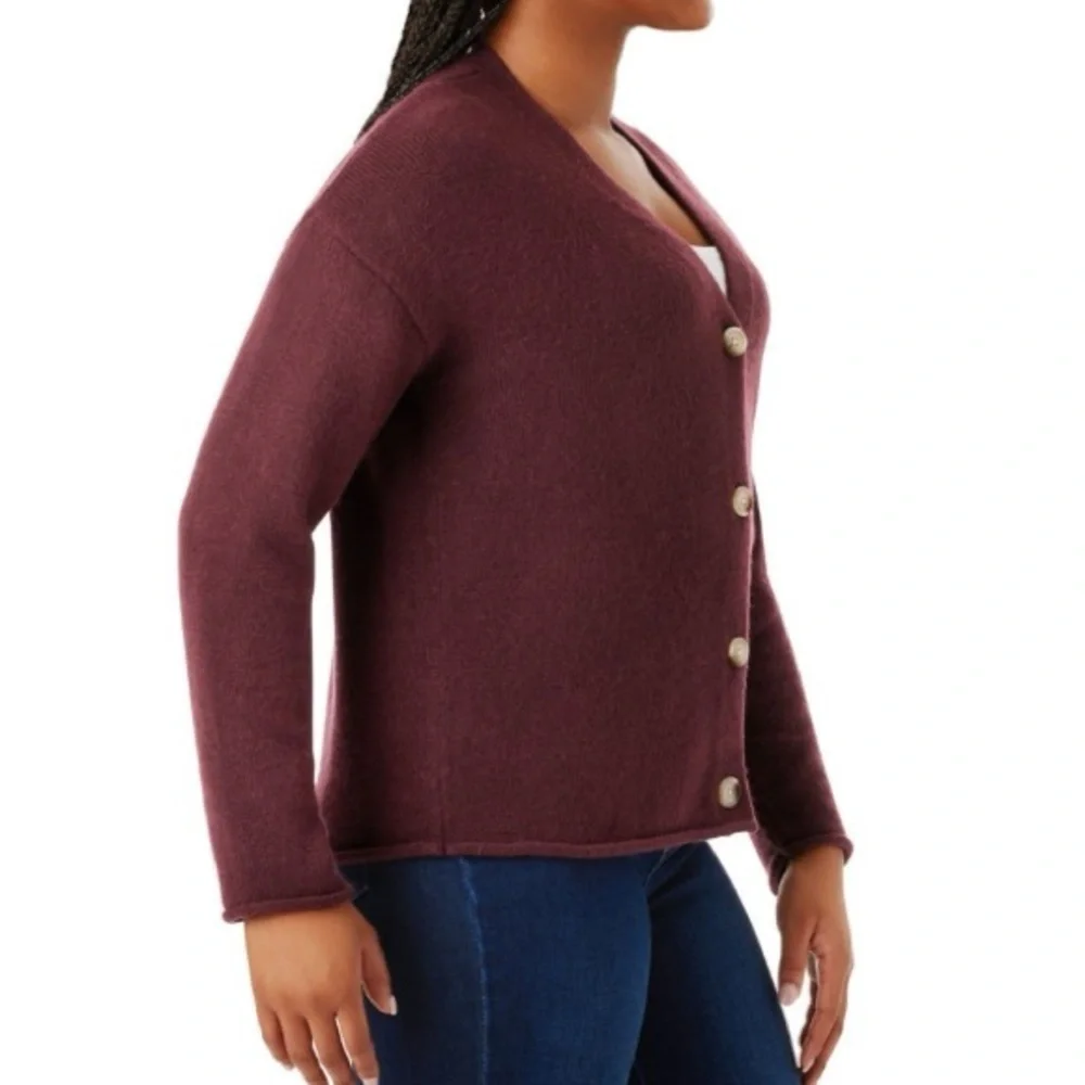 Burgundy V-Neck Ribbed Knit Cardigan